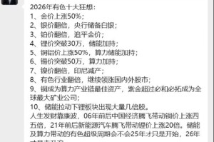 华福证券首席分析师王保庆“2026有色十大狂想”：金价上涨50%，银价翻倍并纳入央行储备，铂价翻倍追平黄金