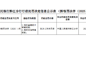 农业银行重庆秀山支行被罚29.2万元：违反金融统计管理规定等